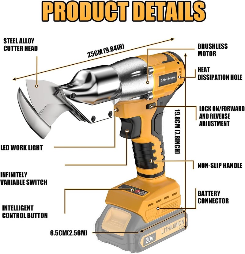 Labfintom Cordless Sheet Metal Cutter Brushless for De-walt 20v Max Battery(Tool Only), Metal Shears 360 Degree Pivoting Head, Electric Metal Scissors for for Cutting Stainless Sheet, Metal, Iron, 221 Ft-Lbs - Image 4